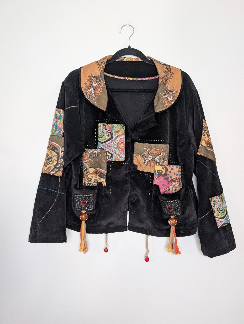 Bohemian Patchwork Velvet Jacket - BlackBoho Patchwork Black Corduroy Jacket Pai - Picture 2 of 3